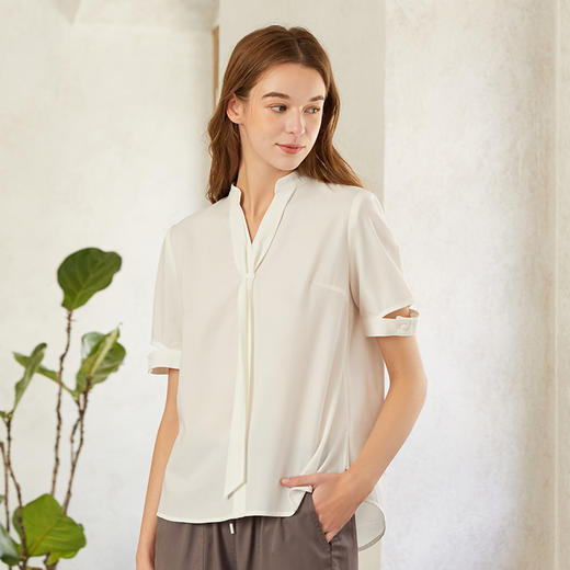 Famecoco范可儿短袖衬衫设计感春夏季V领小众别致上衣女F223BK001 商品图2