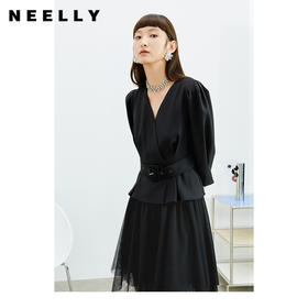 NEELLY纳俪商场同款V领泡泡袖上衣拼接纱裙女中长款不规则连衣裙N22032Y01165