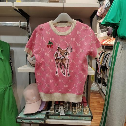 女刺绣小鹿针织圆领短袖 商品图0