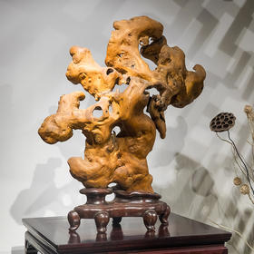 清 楠木奇形五福捧寿摆件（红木座）