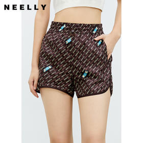 NEELLY纳俪商场同款直筒裤咖啡色个性字母印花开叉抽绳短裤N22032H01159