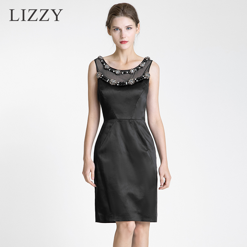 LIZZY 轻奢名媛风透视网纱拼接钉珠领修身显瘦缎面连衣裙3763