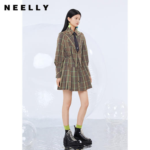 NEELLY纳俪商场同款翻领设计衬衫连衣裙女单排扣百褶裙中长A字裙N21092Y01223 商品图2