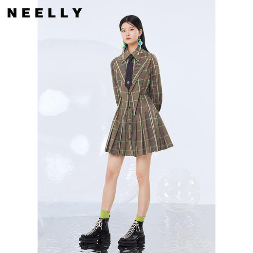 NEELLY纳俪商场同款翻领设计衬衫连衣裙女单排扣百褶裙中长A字裙N21092Y01223 商品图1