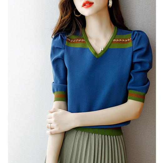 TGG-上衣2022夏季新款别致小众时尚宽松显瘦拼色泡泡袖薄款针织上衣女 商品图2