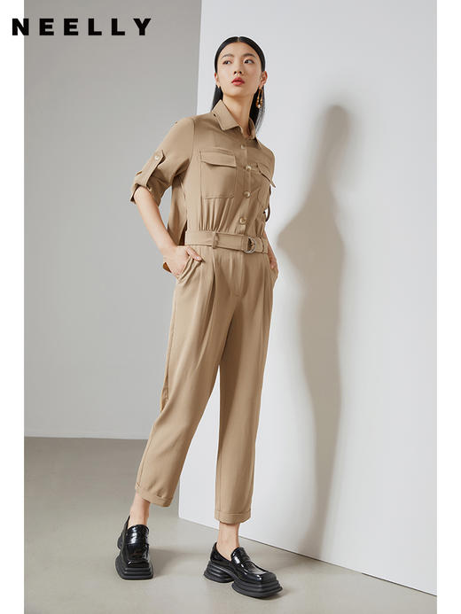 NEELLY纳俪工装风连体裤女收腰短袖套装夏2022新款长款休闲直筒裤N22044Q04426 商品图3