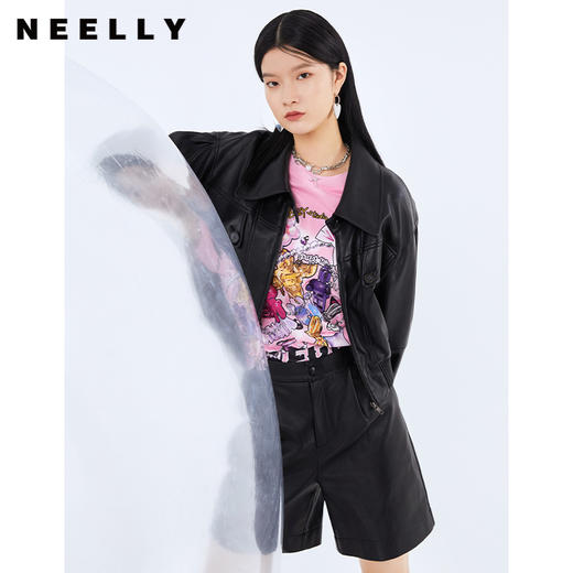 NEELLY纳俪秋季圆领撞色字母印花T恤女全棉宽松打底衫外穿上衣N21091T01180 商品图2