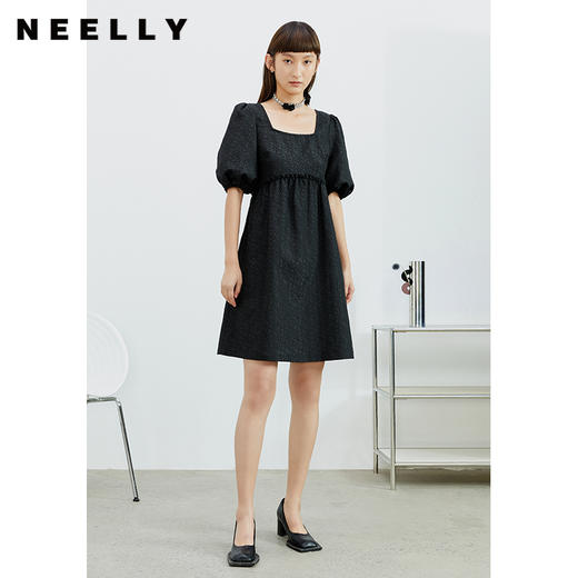 NEELLY纳俪法式复古方领娃娃裙中长款连衣裙女泡泡袖高腰小黑裙潮N22032Y01164 商品图2