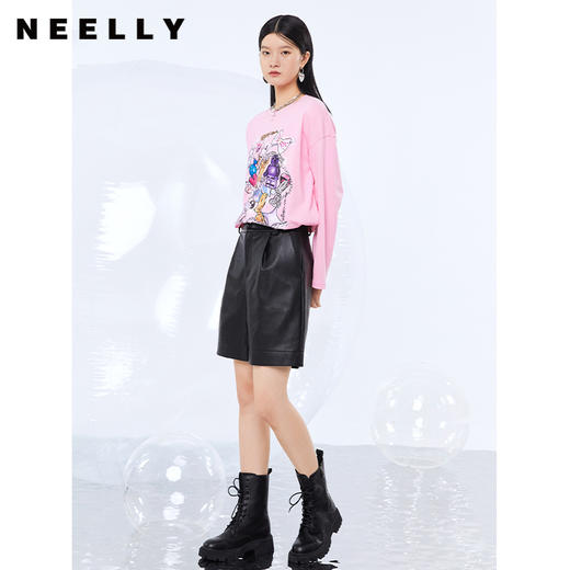 NEELLY纳俪秋季圆领撞色字母印花T恤女全棉宽松打底衫外穿上衣N21091T01180 商品图1