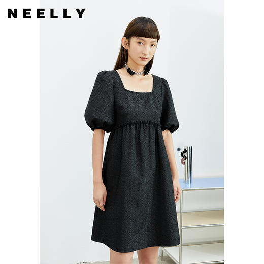 NEELLY纳俪法式复古方领娃娃裙中长款连衣裙女泡泡袖高腰小黑裙潮N22032Y01164 商品图1