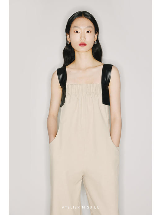 【时髦玛丽奥】环保皮革肩带燕麦浅驼松紧阔腿连体裤/22000001 商品图2