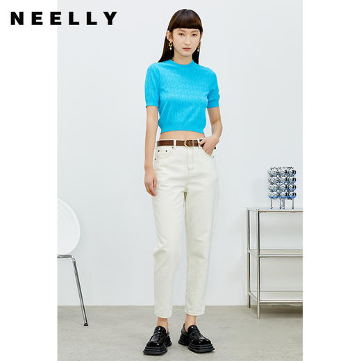 NEELLY纳俪商场同款圆领针织衫女短袖修身套头衫春夏新款短款时尚N22032A01144 商品图2