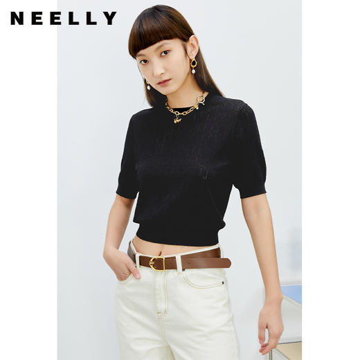 NEELLY纳俪商场同款圆领针织衫女短袖修身套头衫春夏新款短款时尚N22032A01144 商品图3