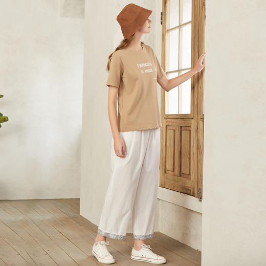 famecoco范可儿印花拼接阔脚裤夏季新款白色纯棉休闲裤女直筒高腰F223GA005 商品图1