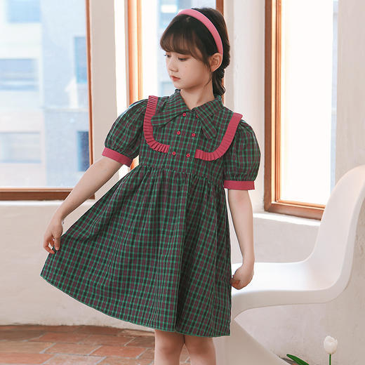 YR-大童连衣裙绿色格子女童连衣裙 商品图1