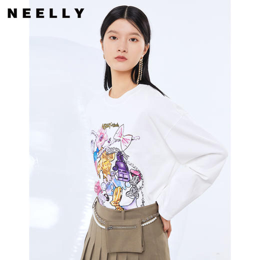NEELLY纳俪秋季圆领撞色字母印花T恤女全棉宽松打底衫外穿上衣N21091T01180 商品图3