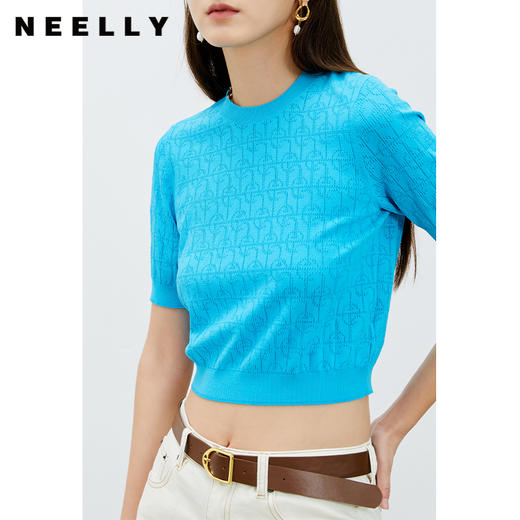 NEELLY纳俪商场同款圆领针织衫女短袖修身套头衫春夏新款短款时尚N22032A01144 商品图1