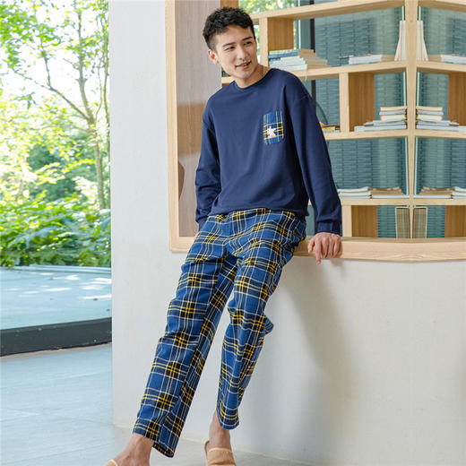 爱帝情侣睡衣休闲套头格纹长袖家居服 商品图2