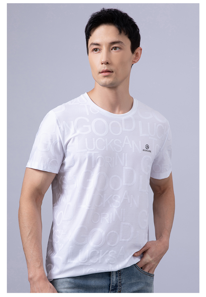 good luck/德鲨高弹棉质字母提花时尚百搭圆领短袖t恤by13550