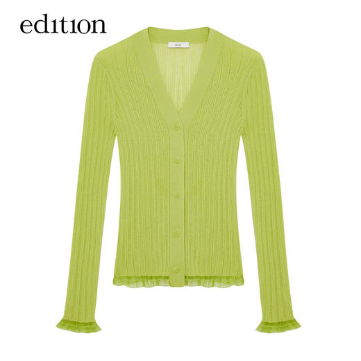 edition修身针织开衫女2022夏新款小众薄纱荷叶边轻薄款v领针织衫EBB2CAR002 商品图4