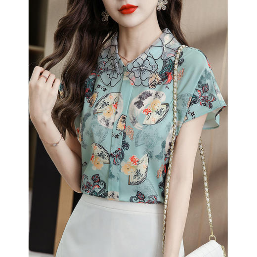 气质短袖雪纺衬衫韩版洋气小衫时尚印花衬衣  AHM-dtyx2062 商品图0