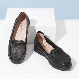 信诺真皮舒适女鞋镂空透气妈妈鞋夏款软底中老年人皮鞋平底凉鞋 22C6315-036
