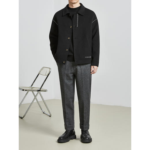 轻奢99%绵羊毛  翻领  手工明线装饰  宽松微阔 男士潮流毛呢夹克80183 商品图3