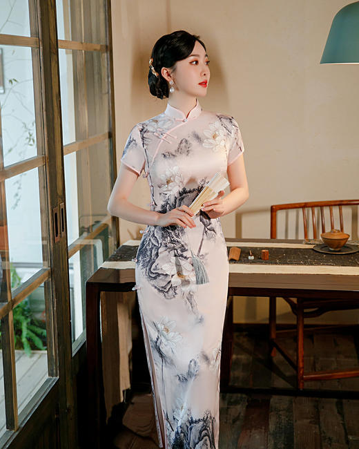 ZAYS-5112夏季长款八扣立领旗袍中国风老上海复古粉色唐装旗袍 商品图2