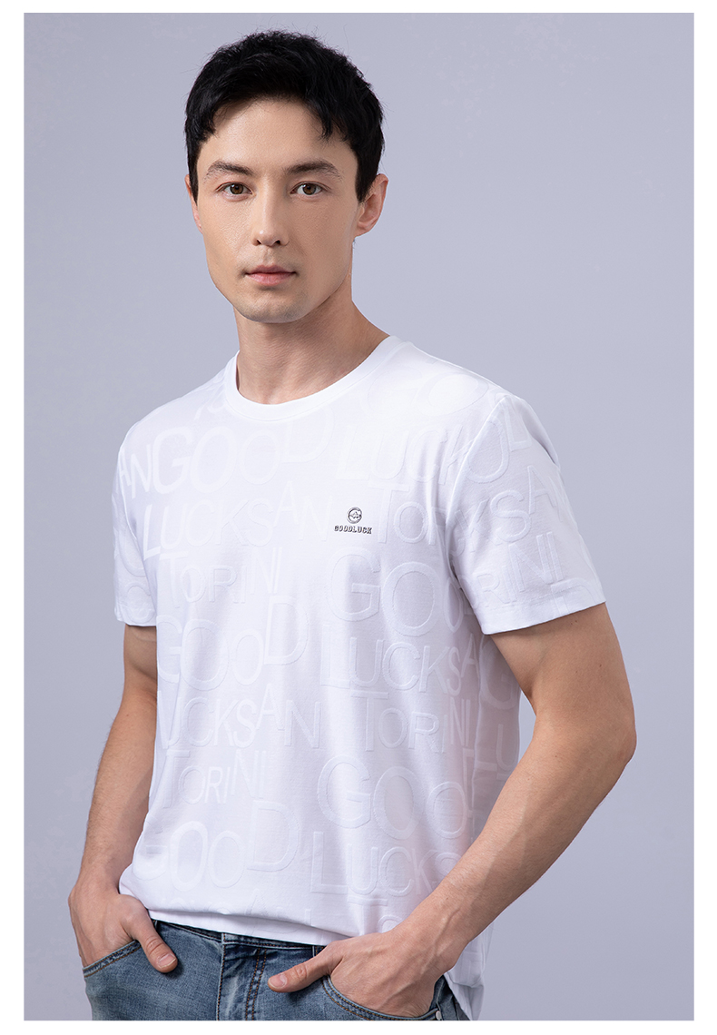 good luck/德鲨高弹棉质字母提花时尚百搭圆领短袖t恤by13550