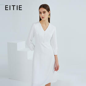 EITIE爱特爱春季新款洋气复古V领修身显瘦简约百搭气质连衣裙6307013