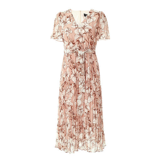 EITIE爱特爱夏季新款修身显瘦气质V领印花褶皱连衣裙中裙6607301 商品图5