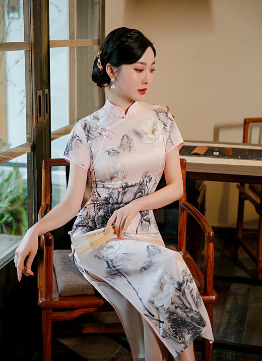 ZAYS-5112夏季长款八扣立领旗袍中国风老上海复古粉色唐装旗袍 商品图3