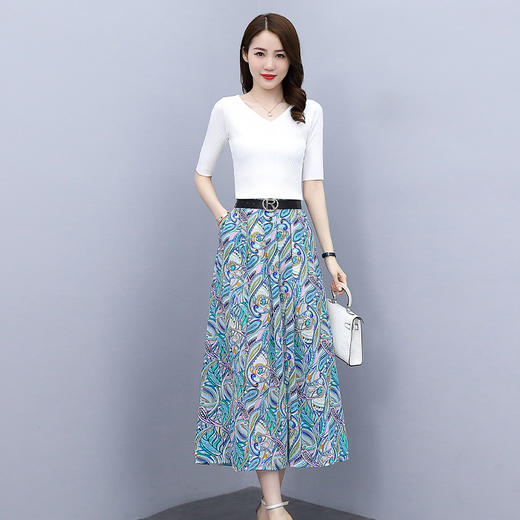 新潮收腰阔腿裤两件套，简约大方气质优雅显瘦印花裙裤套装  HR-WG81869 商品图0