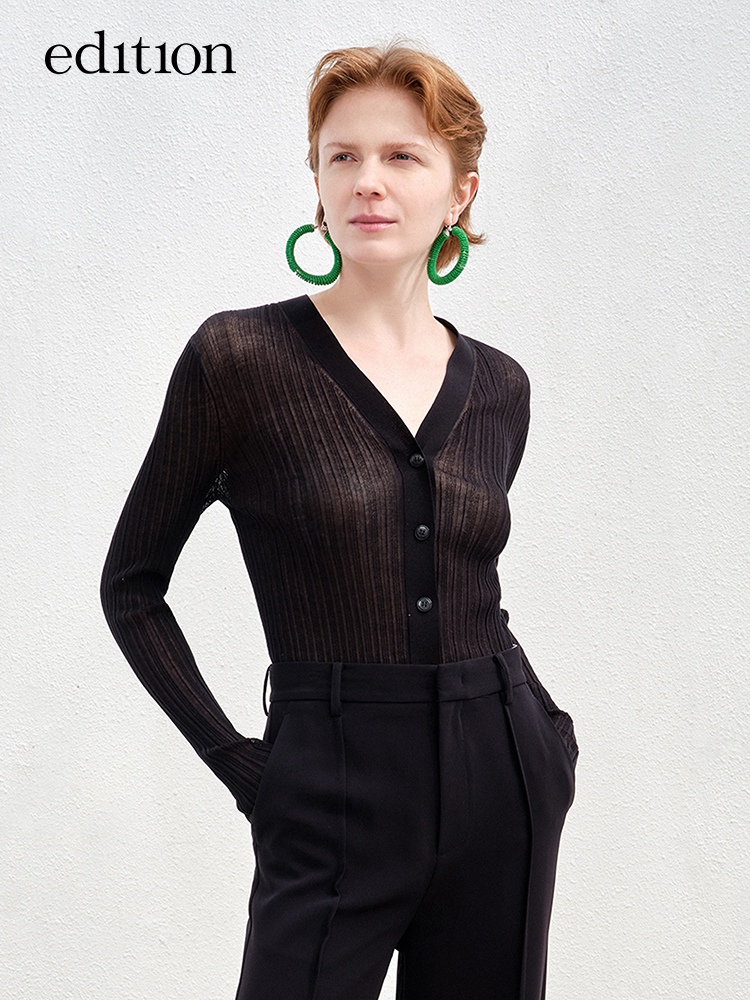 edition修身针织开衫女2022夏新款小众薄纱荷叶边轻薄款v领针织衫EBB2CAR002