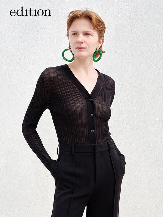 edition修身针织开衫女2022夏新款小众薄纱荷叶边轻薄款v领针织衫EBB2CAR002 商品图0