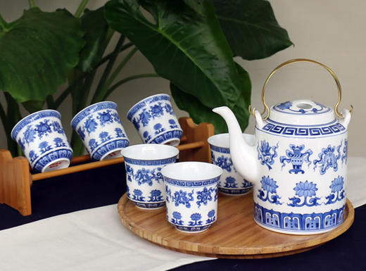 景德镇 国瓷红叶 7头手绘青花桥梁壶茶具--吉庆祥瑞 商品图0