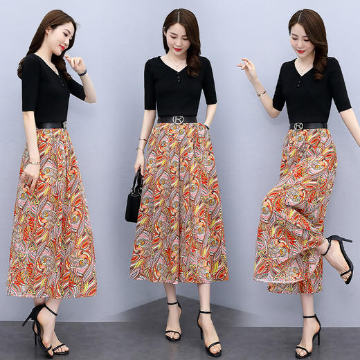 新潮收腰阔腿裤两件套，简约大方气质优雅显瘦印花裙裤套装  HR-WG81869 商品图3
