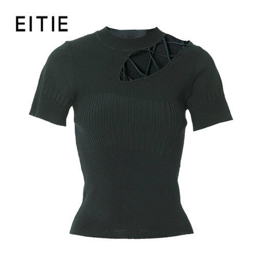 EITIE爱特爱夏季新款时尚显瘦绑带设计镂空针织T恤黑色上衣B2201906 商品图5