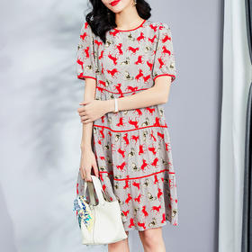 丁摩 夏季拼色真丝连衣裙优雅宽松大摆桑蚕丝裙子Q122037