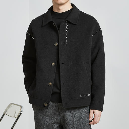 轻奢99%绵羊毛  翻领  手工明线装饰  宽松微阔 男士潮流毛呢夹克80183 商品图0