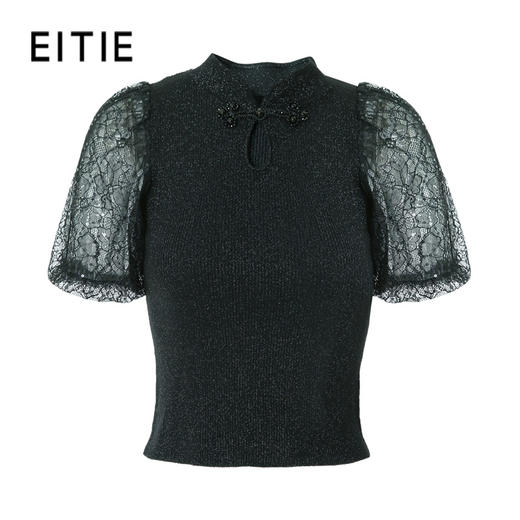 EITIE爱特爱夏季新款气质显瘦立领黑色中式盘扣修身针织上衣B2201904 商品图5