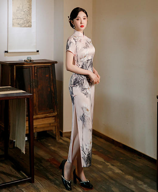 ZAYS-5112夏季长款八扣立领旗袍中国风老上海复古粉色唐装旗袍 商品图4