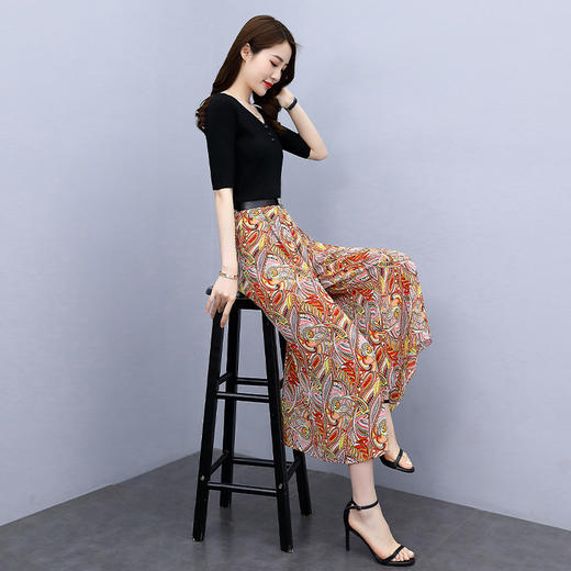 新潮收腰阔腿裤两件套，简约大方气质优雅显瘦印花裙裤套装  HR-WG81869 商品图1