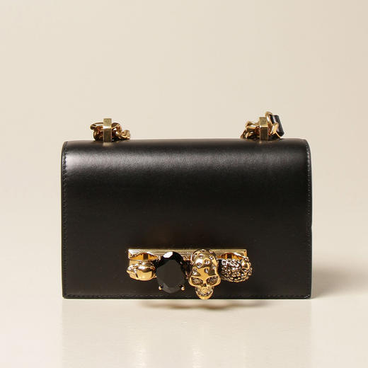 ALEXANDER MCQUEEN 亚历山大.麦昆 女士小号鳄鱼压纹皮革施华洛世奇水晶镶嵌手指骷髅单肩包 黑色 653134 CMO0T 1000 商品图0