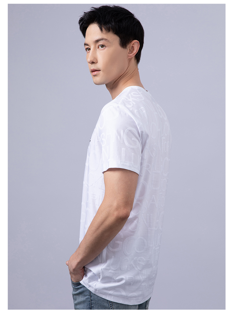 good luck/德鲨高弹棉质字母提花时尚百搭圆领短袖t恤by13550