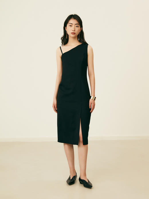 HeyDress黑色吊带连衣裙女夏季垂感斜领设计感小黑裙气质小众裙子 商品图2