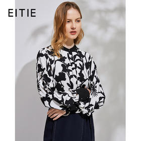 EITIE爱特爱春季新款洋气复古灯笼袖撞色印花立领衬衫上衣女6309007