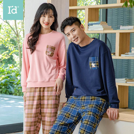 爱帝情侣睡衣休闲套头格纹长袖家居服 商品图0