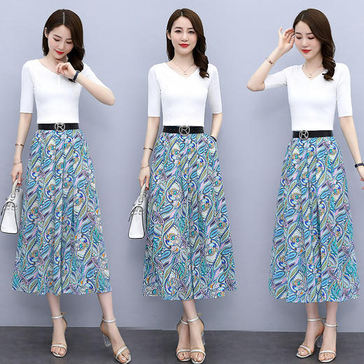 新潮收腰阔腿裤两件套，简约大方气质优雅显瘦印花裙裤套装  HR-WG81869 商品图2
