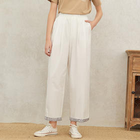 famecoco范可儿印花拼接阔脚裤夏季新款白色纯棉休闲裤女直筒高腰F223GA005